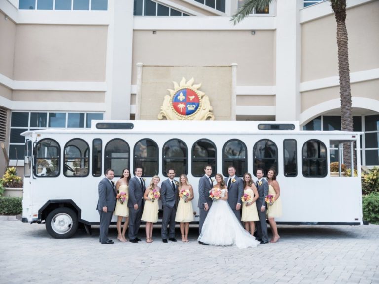 Naples-Transportation-Tours-White-Wedding-Trolley-Group-Photo
