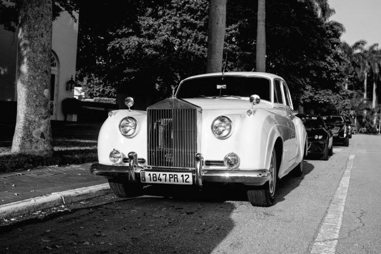 Old white car for weddings black and white