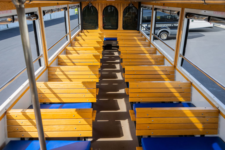 inside of the open-air trolley